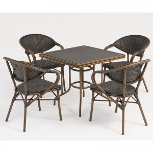 ensemble de meubles de table carrée en rotin d’aluminium imitation grain de bambou et verre trempé